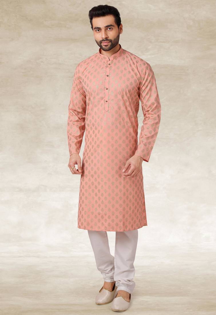 Peach printed cotton fabric straight kurta for men