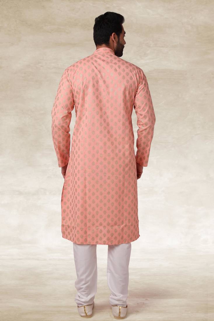 Peach printed cotton fabric straight kurta for men