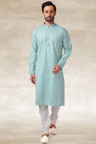 Blue printed cotton fabric straight kurta for men