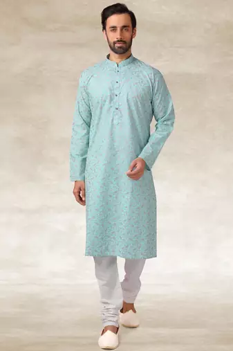 Blue printed cotton fabric straight kurta for men