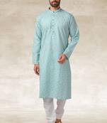 blue printed cotton fabric straight kurta churidar for men