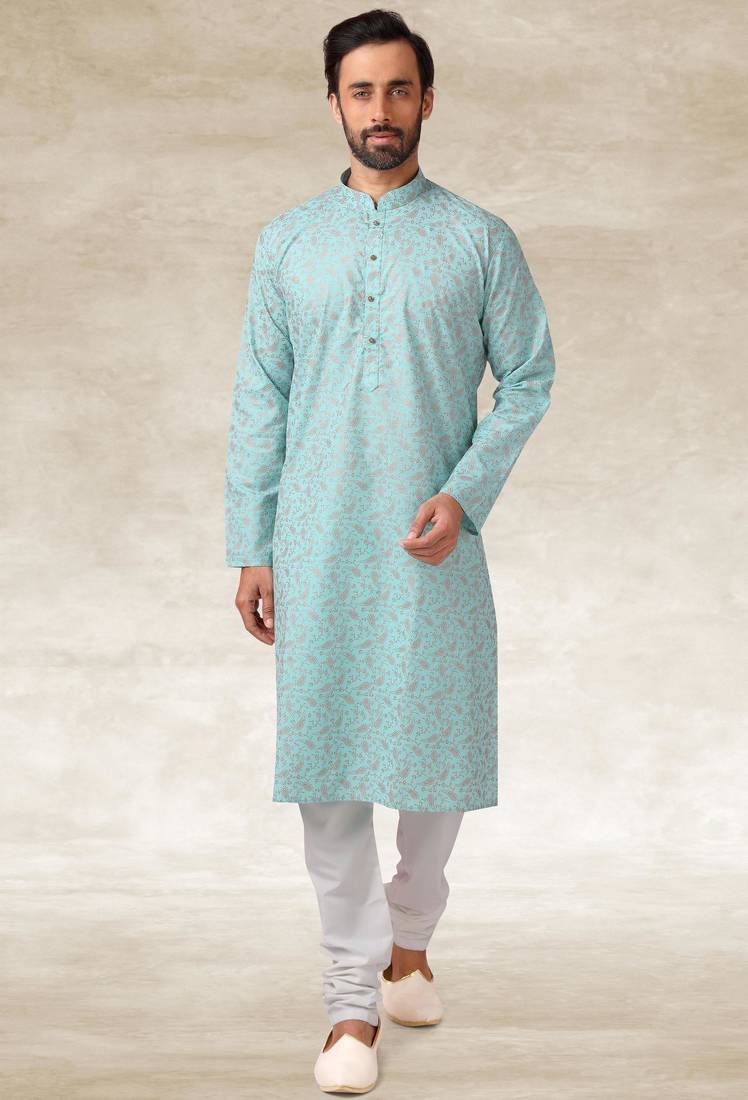 Blue printed cotton fabric straight kurta for men