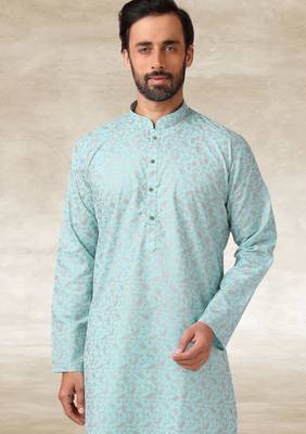 blue printed cotton fabric straight kurta churidar for men 2