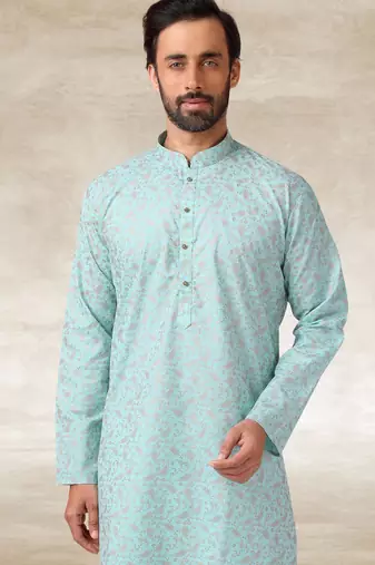 blue printed cotton fabric straight kurta churidar for men