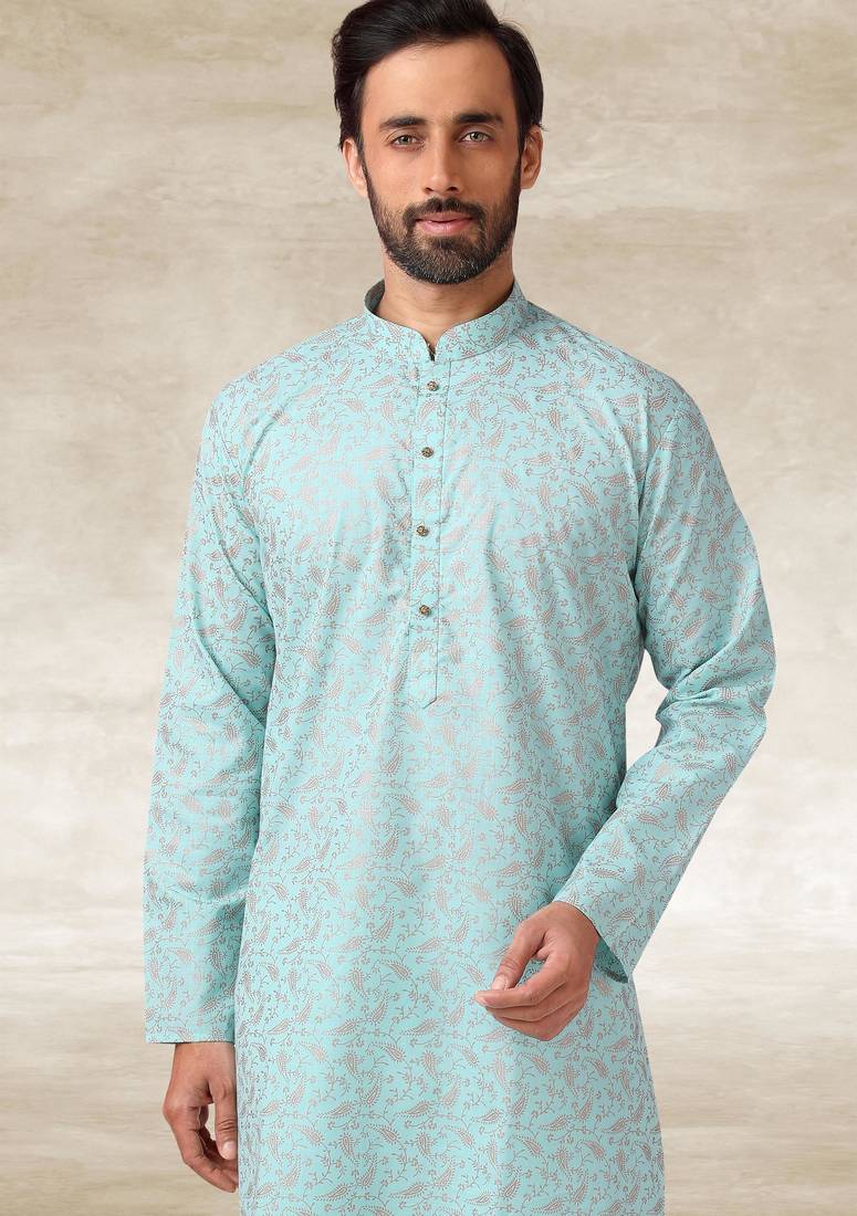 Blue printed cotton fabric straight kurta for men