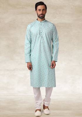 blue printed cotton fabric straight kurta churidar for men 3