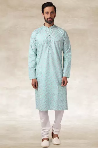 blue printed cotton fabric straight kurta churidar for men