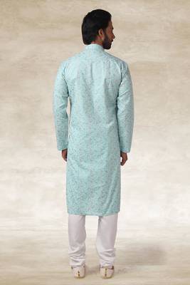 blue printed cotton fabric straight kurta churidar for men 4