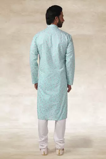 blue printed cotton fabric straight kurta churidar for men