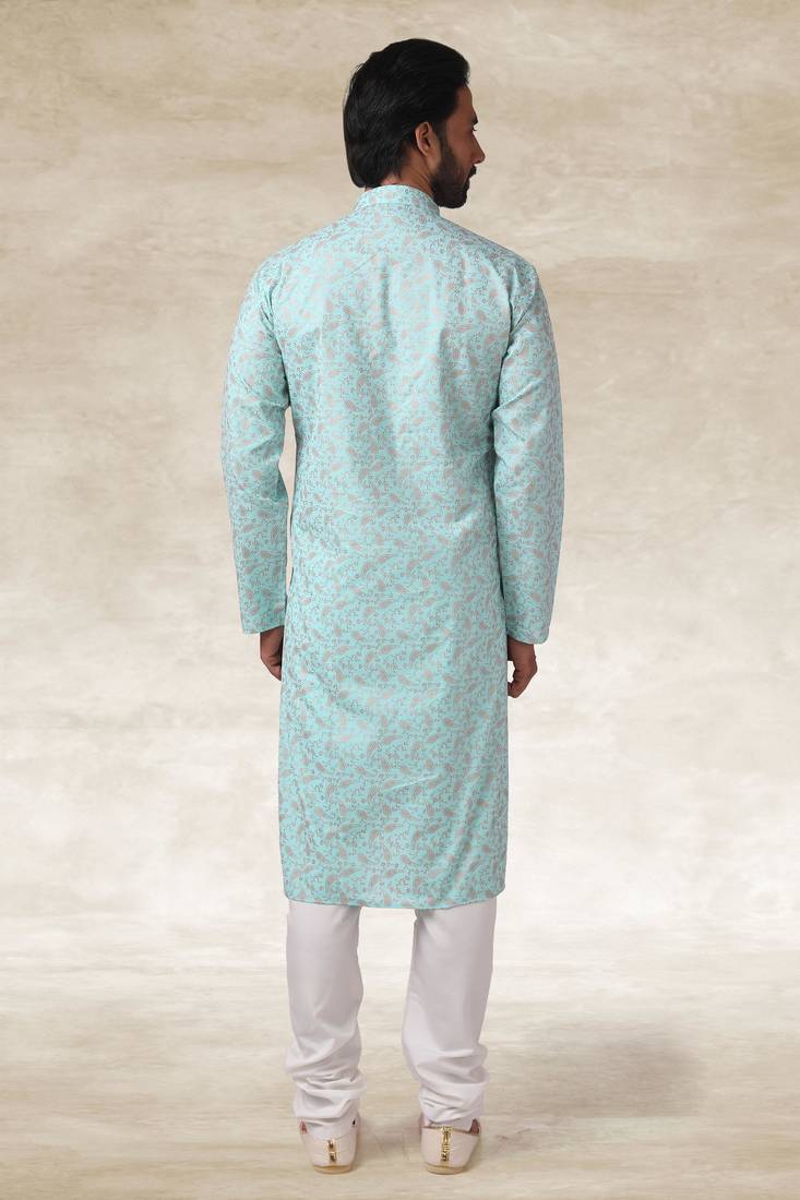 Blue printed cotton fabric straight kurta for men