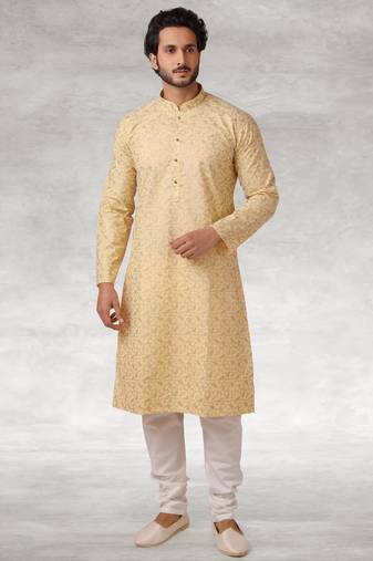 Yellow printed cotton fabric straight kurta for men