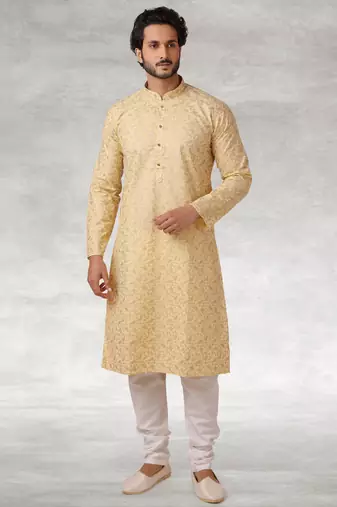 Yellow printed cotton fabric straight kurta for men