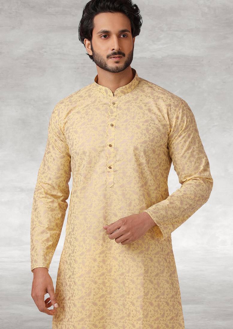 Yellow printed cotton fabric straight kurta for men