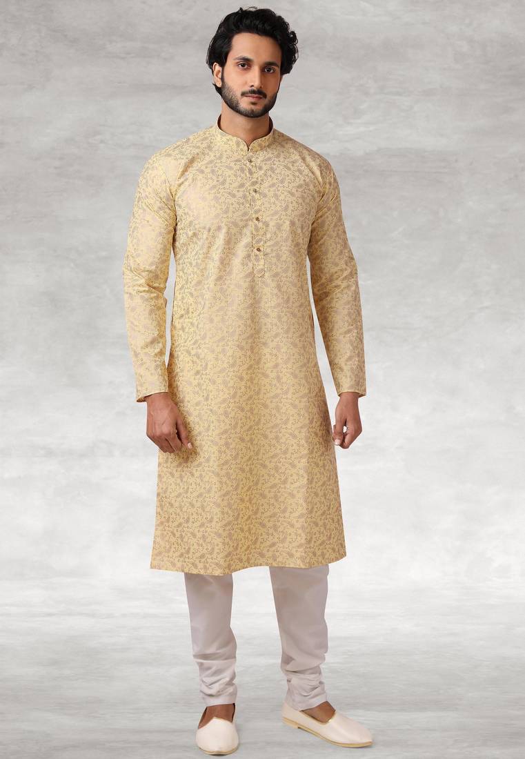 Yellow printed cotton fabric straight kurta for men