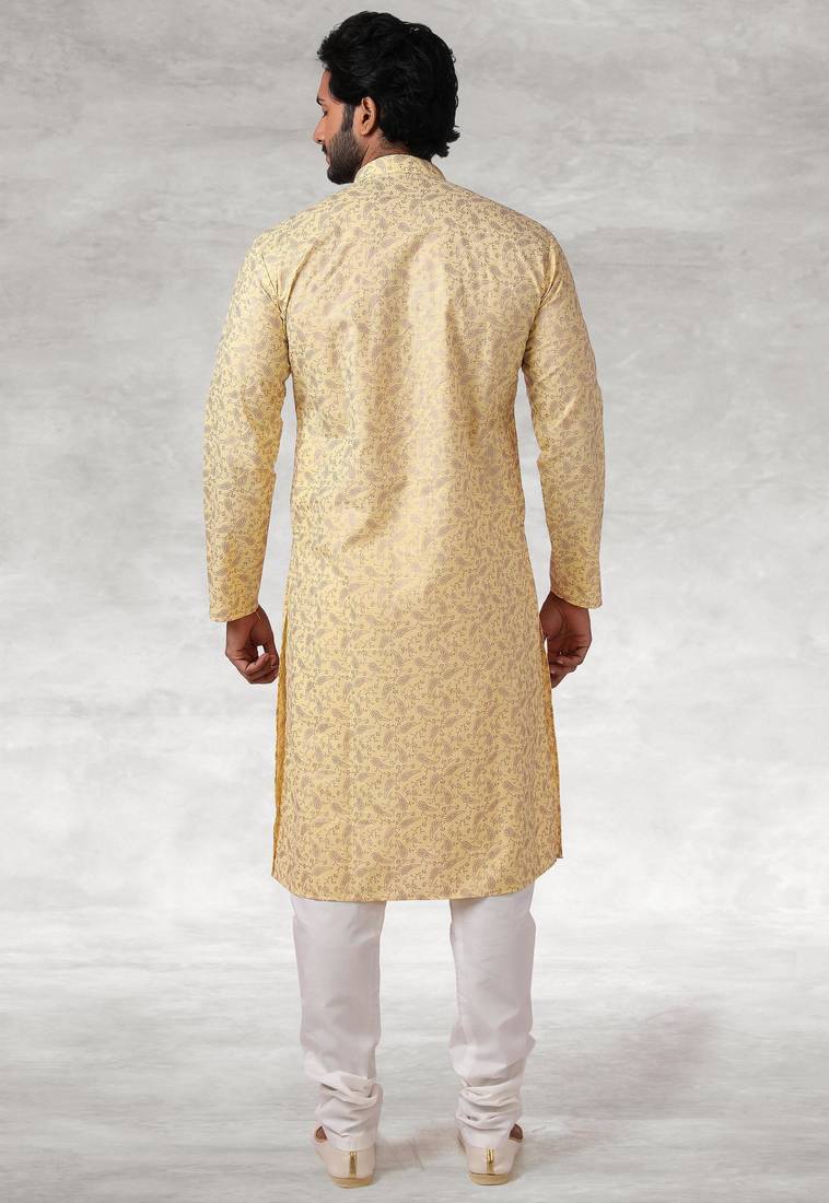 Yellow printed cotton fabric straight kurta for men