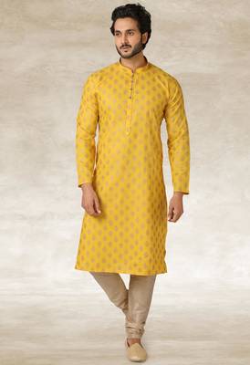 yellow printed cotton fabric straight kurta churidar for men 1