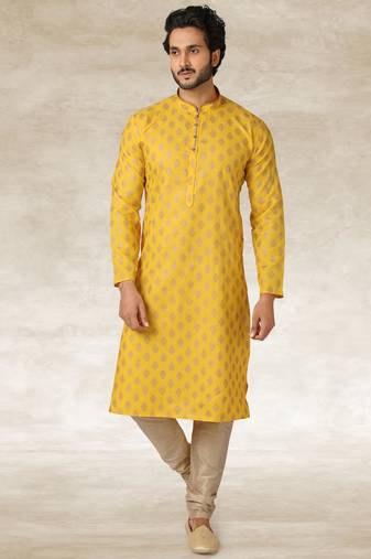 Yellow printed cotton fabric straight kurta for men