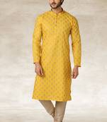 yellow printed cotton fabric straight kurta churidar for men