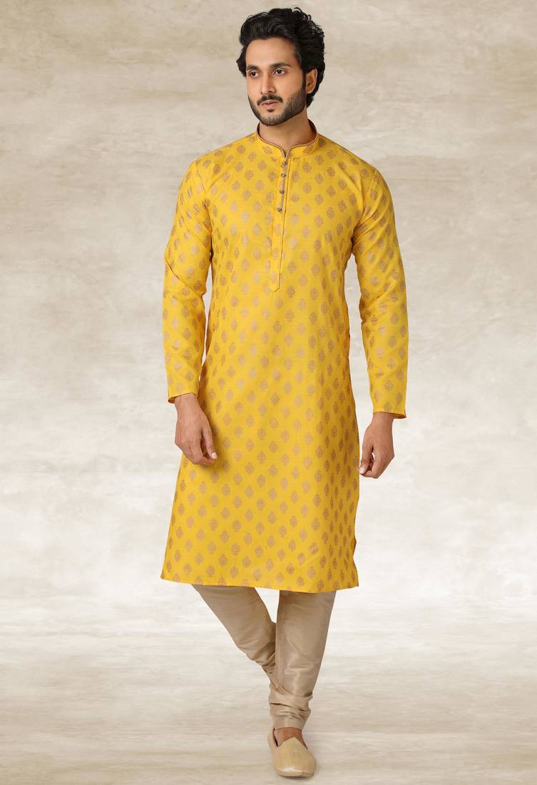 Yellow printed cotton fabric straight kurta for men