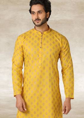 yellow printed cotton fabric straight kurta churidar for men 2