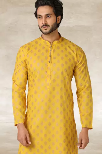 yellow printed cotton fabric straight kurta churidar for men