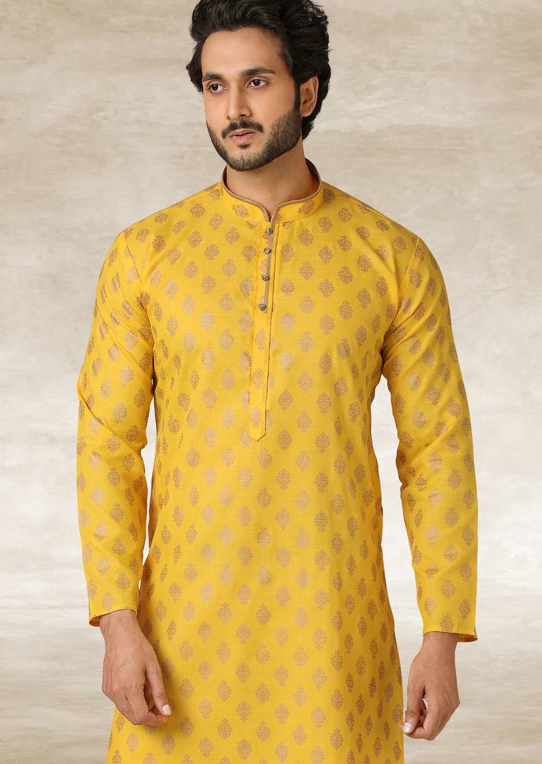 Yellow printed cotton fabric straight kurta for men