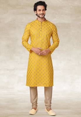 yellow printed cotton fabric straight kurta churidar for men 3