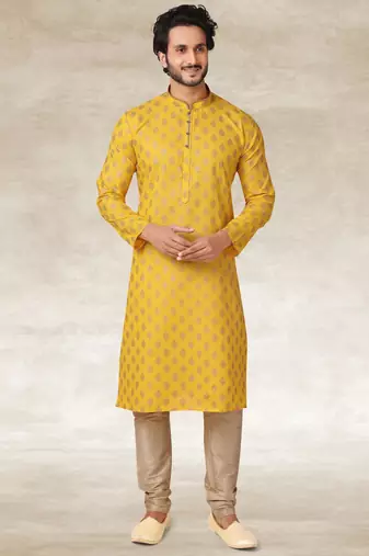 yellow printed cotton fabric straight kurta churidar for men
