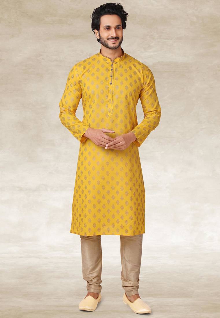 Yellow printed cotton fabric straight kurta for men
