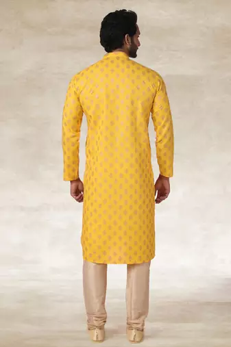 yellow printed cotton fabric straight kurta churidar for men