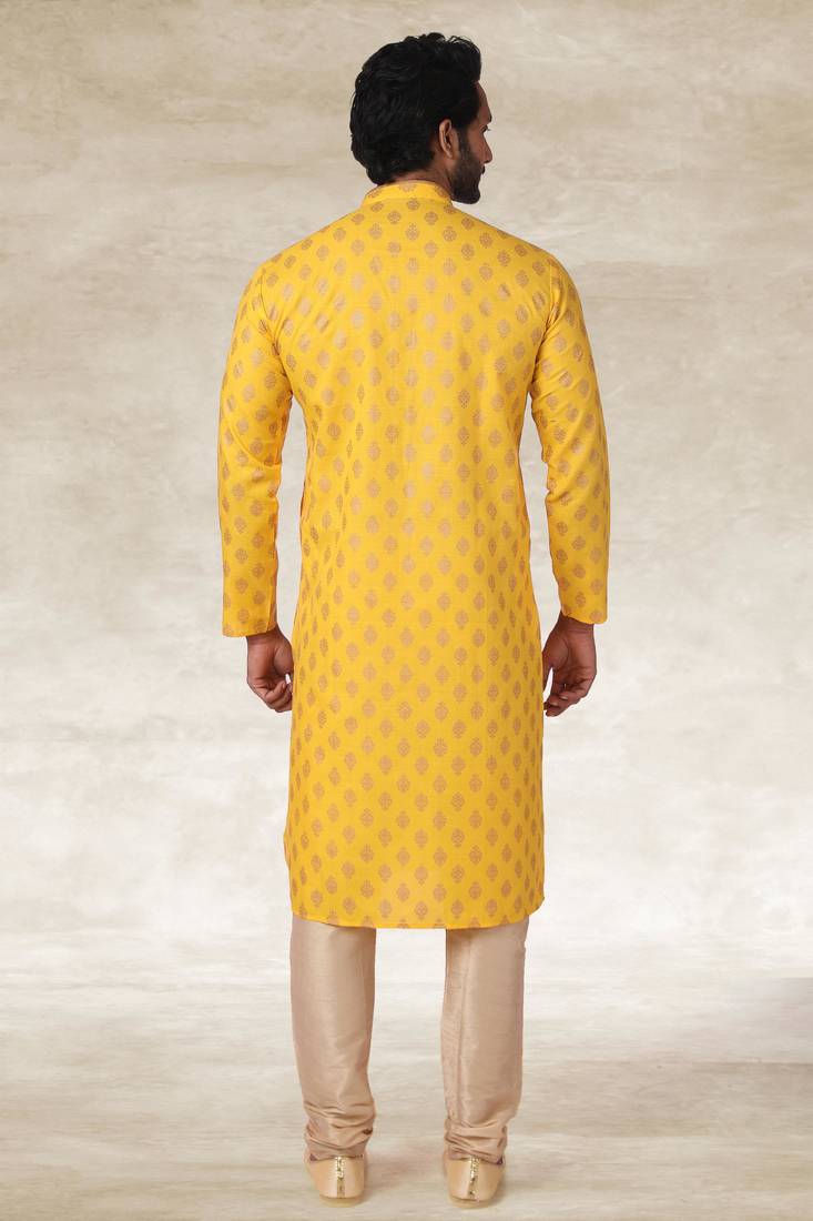 Yellow printed cotton fabric straight kurta for men