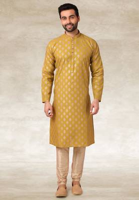 mustard printed cotton fabric straight kurta churidar for men 1