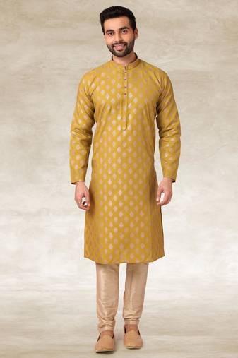Mustard printed cotton fabric straight kurta for men