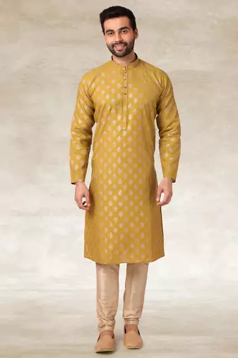 Mustard printed cotton fabric straight kurta for men