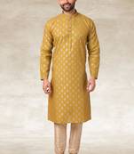 mustard printed cotton fabric straight kurta churidar for men