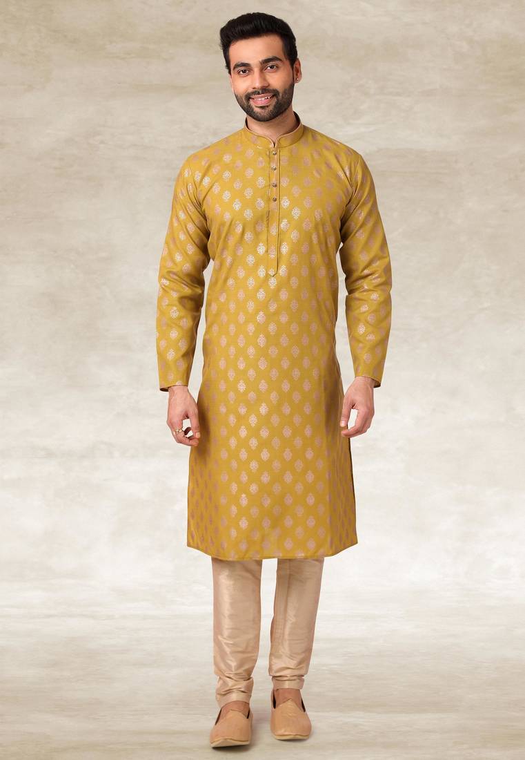 Mustard printed cotton fabric straight kurta for men