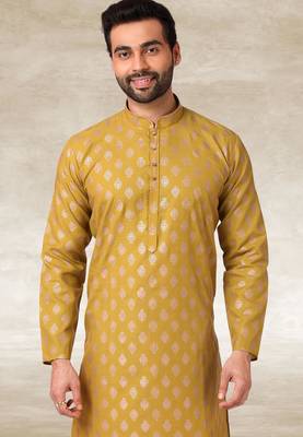 mustard printed cotton fabric straight kurta churidar for men 2