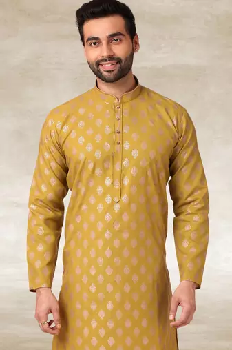 mustard printed cotton fabric straight kurta churidar for men