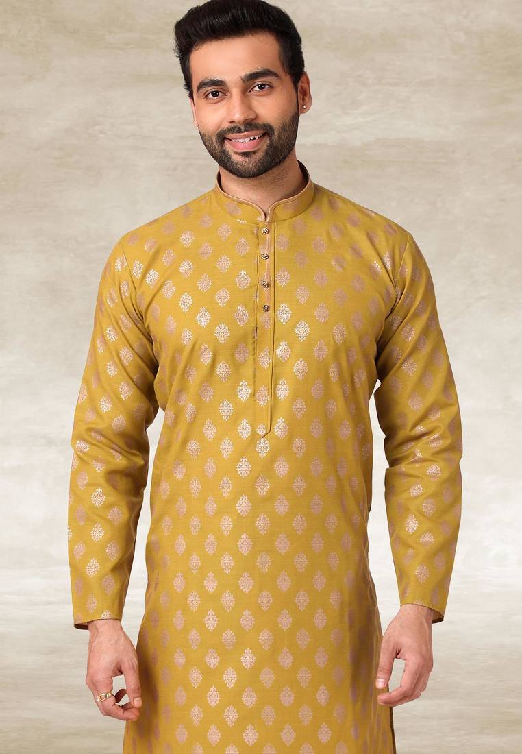 Mustard printed cotton fabric straight kurta for men