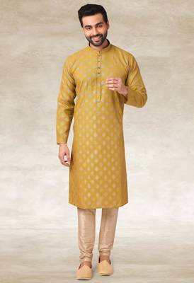 mustard printed cotton fabric straight kurta churidar for men 3
