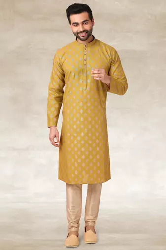 mustard printed cotton fabric straight kurta churidar for men