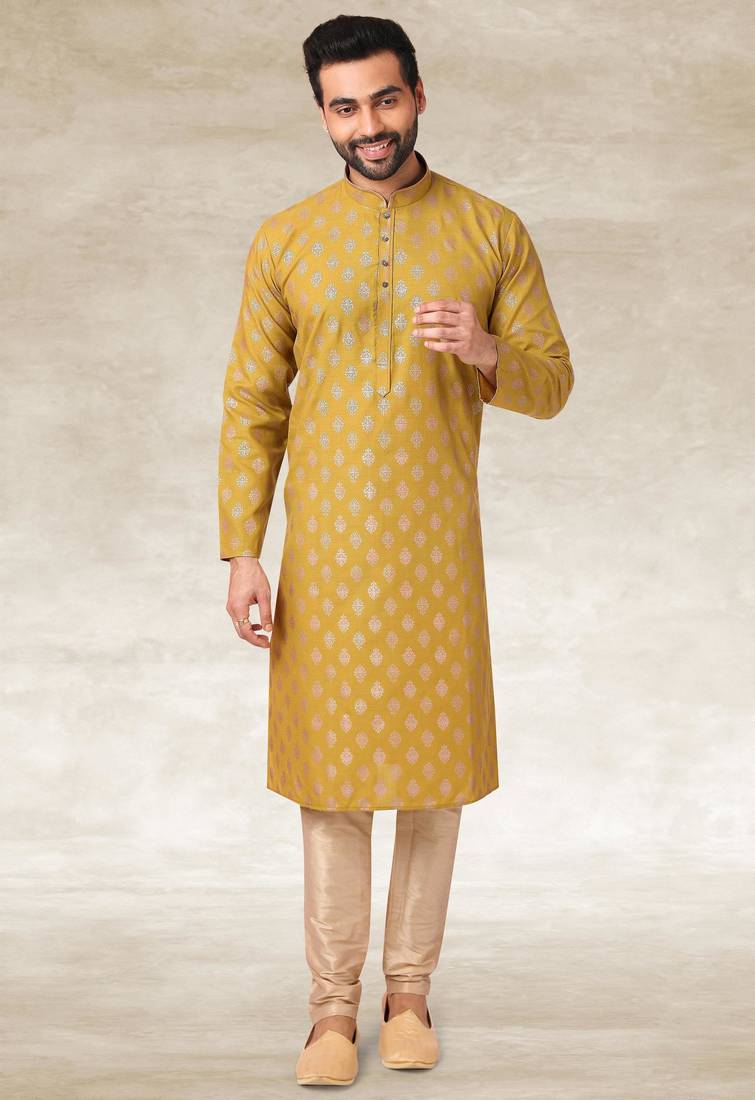 Mustard printed cotton fabric straight kurta for men