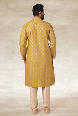 mustard printed cotton fabric straight kurta churidar for men 4