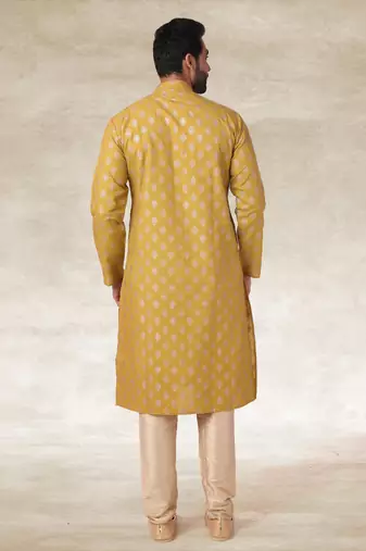 mustard printed cotton fabric straight kurta churidar for men