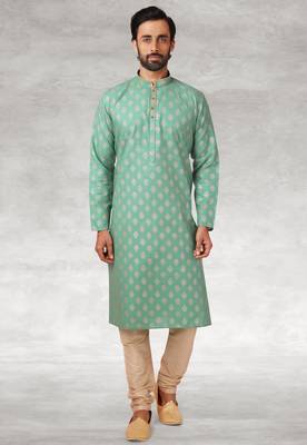green printed cotton fabric straight kurta churidar for men 1