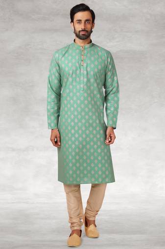 Green printed cotton fabric straight kurta for men