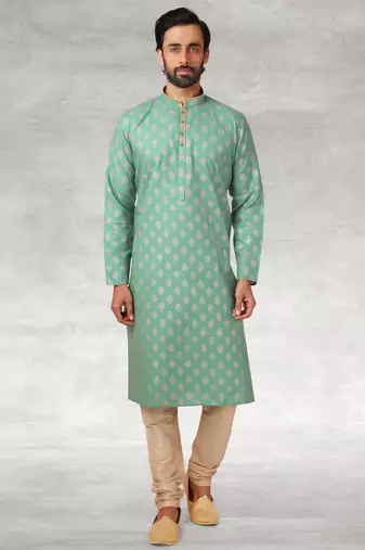 Green printed cotton fabric straight kurta for men