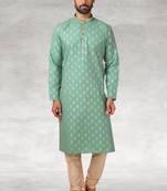 green printed cotton fabric straight kurta churidar for men