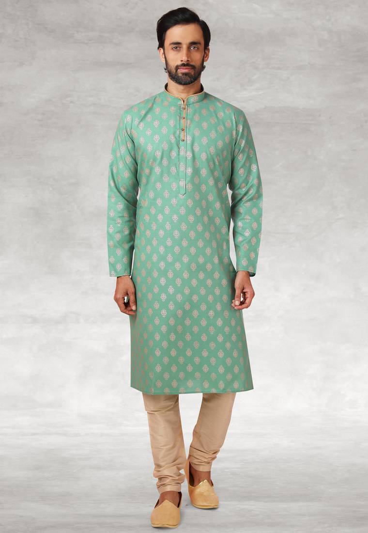 Green printed cotton fabric straight kurta for men