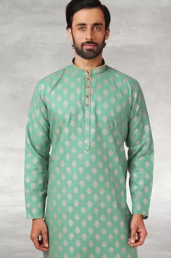 green printed cotton fabric straight kurta churidar for men